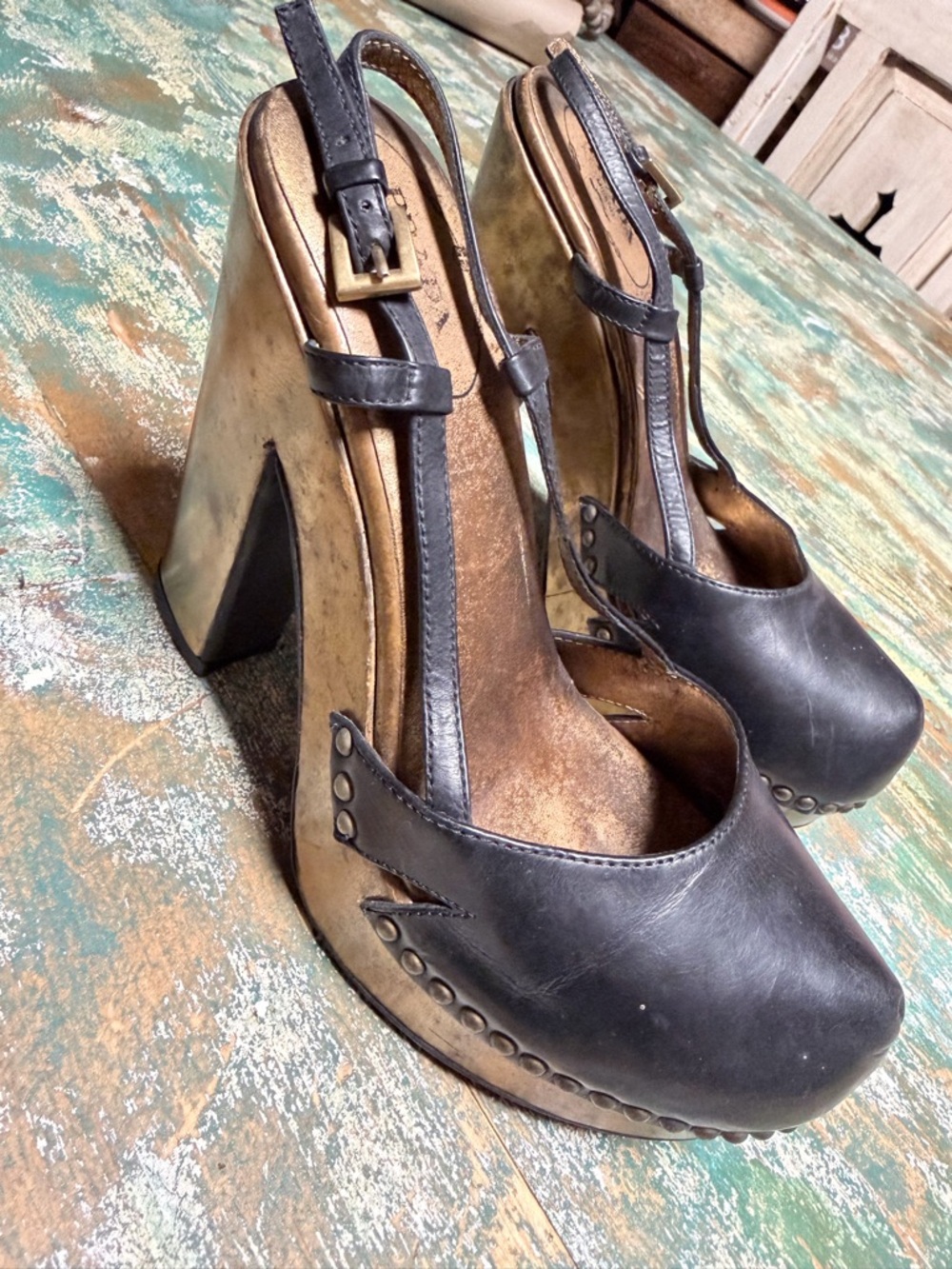 Prada Black Leather T-Strap Platforms with Gold Wedge
